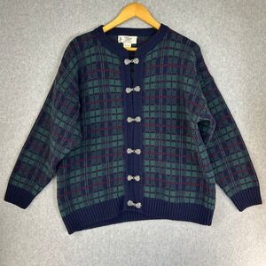 Nor'easterly Tradition Scottish Wool Cardigan Plaid Clasp Sweater Navy Green M L